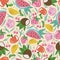 Vector seamless pattern background with watermelons, coconuts, apples and lemons. Cream background