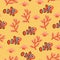 Vector seamless pattern with beautiful exotic fish, coral reafs fish collection with corals, seaweed on orange