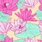 Vector seamless pattern with beautiful pink lotus flower and gre