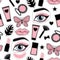 Vector Seamless pattern beauty makeup sign. Cosmetic bottles, powder, brush, lipstick, patch hand drawing on a white background.