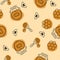 Vector seamless pattern. Beekeeping product. Included bee, honey, dipper, honeycomb, beehive and flower on olive background.