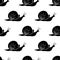 Vector seamless pattern with black cute snails in flat style with spiral shell, side view, isolated. Nature texture