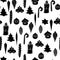 Vector seamless pattern with black silhouettes glass toys, decorations for xmas tree, flat style