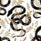 Vector seamless pattern with black snake silhouettes with tribal decorations and stems on a white background. Mystical texture