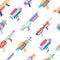 Vector seamless pattern with blasters. Colorful toy collection. Futuristic weapon design