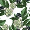 Vector seamless pattern with blue berries branch with leaves and exotic succulent flowers.