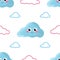 Vector seamless pattern with a blue cheerful cloud on a white background, children`s illustration