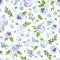 Vector seamless pattern with blue pansy and forget-me-not flowers.