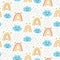 Vector seamless pattern with boho rainbow , smiling blue clouds and colorful raindrops