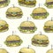 Vector seamless pattern with burgers. Hand drawn vector background. Fast food illustration. Hand drawn image. American