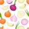 Vector seamless pattern with cartoon onions isolated on white.