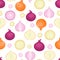 Vector seamless pattern with cartoon onions isolated on white.