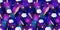 Vector Seamless Pattern: Cartoon Space, Cloudy and Starry Bright Blurry Putple Blue Sky.