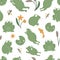 Vector seamless pattern of cartoon style flat funny frogs in different poses with waterlily, dragonfly, mosquito, reed, heron clip