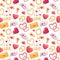 Vector seamless pattern of cartoon volumetric icons for valentines day in bright pink and gold colors. Isolated heart with wings,