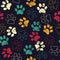 Vector seamless pattern with cat or dog footprints. Cute colorful paws. Animal concept. Foot steps. Veterinary