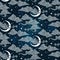 Vector seamless pattern with celestial bodies - moons, stars and clouds. Pastel hand drawn textile or wrapping design