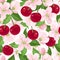 vector seamless pattern with cherry berries and fl