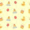 Vector seamless pattern of a childs toys - a pyramid, a duck, a bubble and a drum. Early childhood character set