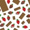 Vector seamless pattern of chocolate bars and pieces, milk chocolate covered strawberries with nut crumbs, coconut flakes