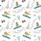 Vector seamless pattern with christmas cars, gifts and fir trees.