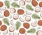 Vector seamless pattern with coconuts and tropical leaves.