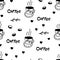 Vector seamless pattern. Coffee Cup, coffee beans, coffee inscription, hearts . Doodle hand-Drawn decorative elements . Image for