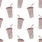 Vector seamless pattern with coffee to go cups with drinking straws and coffee beans inside. Beige and white repeatable