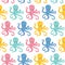 Vector seamless pattern with color octopuses. Cute octopuses have fun