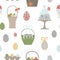 Vector seamless pattern with colored eggs, baskets, packaging with bows, butterfly and flowers