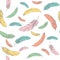 Vector seamless pattern with colored falling feathers on a white background in cute cartoon style. Hand drawn vector illustration