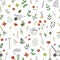 Vector seamless pattern of colored garden tools, flowers, herbs, plants.