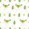 Vector seamless pattern with colorful decorative green hens, eggs and chamomile flowers.