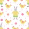 Vector seamless pattern with colorful decorative hens and bunny boys.