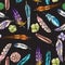 Vector seamless pattern with colorful detailed bird feathers on a black background.