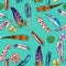 Vector seamless pattern with colorful detailed bird feathers on a blue background.