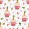 Vector seamless pattern with colorful eggs, daisy flowers and Easter cakes decorated with carrots.