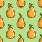Vector seamless pattern with colorful pears on green background; flat pear icons.