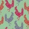 Vector seamless pattern with colorful rooster silhouettes on a green background.