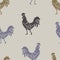 Vector seamless pattern with colorful rooster silhouettes on a light background.