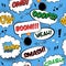 Vector seamless pattern of comic book page with various speech bubbles, rays, stars, dots, halftone background