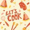 Vector seamless pattern with cooking utensils. Letâ€™s cook. Hand-drawn cute background in vintage style. Kitchen appliance