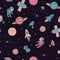 Vector seamless pattern with cosmonauts, satelites, rockets, planets, moon, falling stars and UFO in sketchy style. Cosmic