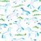 Vector seamless pattern with crayon children drawing of primitive blue horses and green grass on the white background.