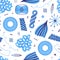 Vector seamless pattern of creative different textured shapes in hand-drawn style. Modern art illustration in blue color