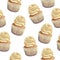 Vector seamless pattern of a crumbly, gentle wet biscuit cupcake with stunning cream soft air cheese cream, beige color