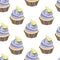 Vector seamless pattern with cupcakes, cakes, muffins. Desserts with lavander cream and lemon slices,pieces. Bakery print. Violet,