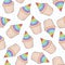 Vector seamless pattern with cupcakes and muffins with rainbow c