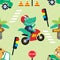 Vector seamless pattern with cute alligator riding sport bike. Creative vector childish background for fabric, textile, nursery