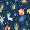 Vector seamless pattern with cute animals in party hats and spacesuits. Space birthday repeat background. Funny cosmic holiday